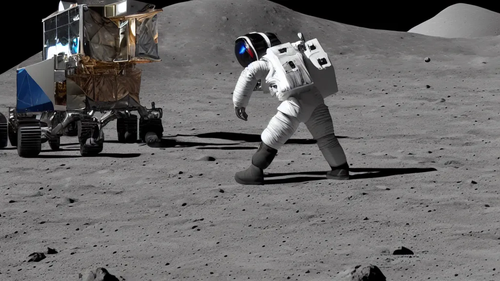 Image similar to side view of a futuristic astronaut pulling some wheeled luggage behind him on the surface of the Moon