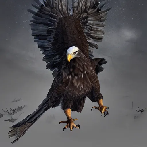 Prompt: A extremely realistic eagle with high detail night vision goggles, standing on a big church, sharp claws, full body, cloudy, midnight, smoke, ultra high detail digital art, trending on Artstation