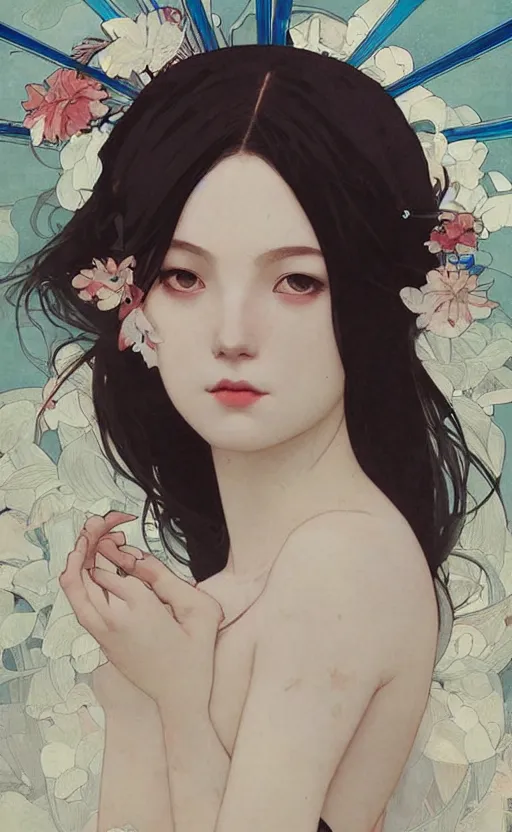 Image similar to egirl!!!!! aesthetic!!!! girl painting by tran nguyen ilya kuvshinov ( ( ( alphonse mucha ) ) ) and greg rutkowski