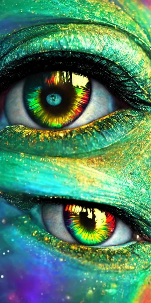 Prompt: hyper realistic photo of beautiful green eye reflecting a sky full of a billion rainbow stars, hyper realistic, fractal art, art station, coherent design, symmetrical, vivid colour, complementary colour, golden ratio, detailed, sharp lines, intricate, rainbow shift, in unreal 3 d engine, ray tracing, octane render