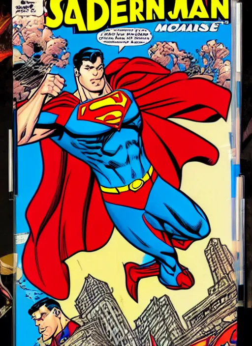 Image similar to 1 9 9 8 issue of jla cover depicting superman by ed mcguinness, masterpiece ink illustration,