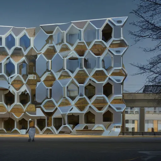 Prompt: a flat building existing of hexagons from the movie tron : legacy