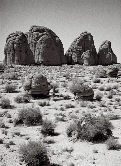 Image similar to Towering badland rock formations protruding out of lush desert vegetation, albumen silver print by Timothy H. O'Sullivan.