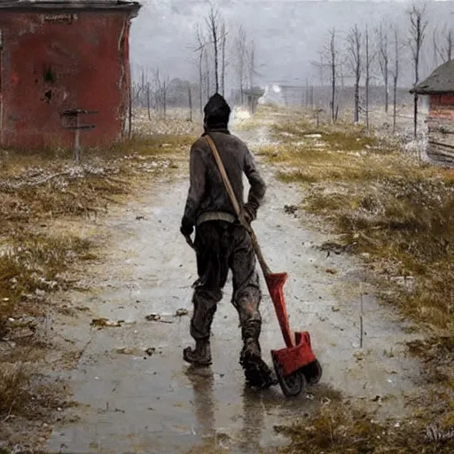 Image similar to painting by jakub rozalski of a person walking with a wheelbarrow in an abandoned post soviet town infested with root monsters