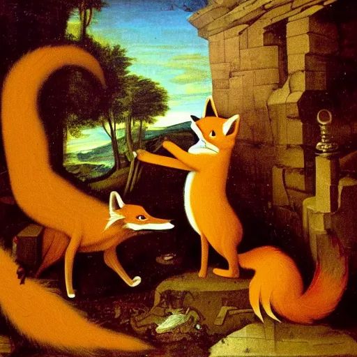 Image similar to an anthropomorphic furry Fox explores a Dungeon, Renaissance Painting