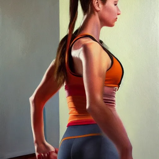 Prompt: realistic oil painting of athletic woman, woke up to yoga pants and uggs boots, alexis flower, wlop, rutkowski, hopper
