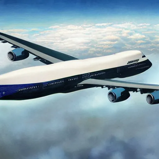 Image similar to boeing 7 4 7 airliner, matte painting, realistic, very detailed, high quality