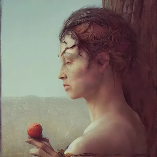 Prompt: a beautiful pensive woman looking into the distance by arcimboldo, david lynch, greg rutkowski, trending on artstation
