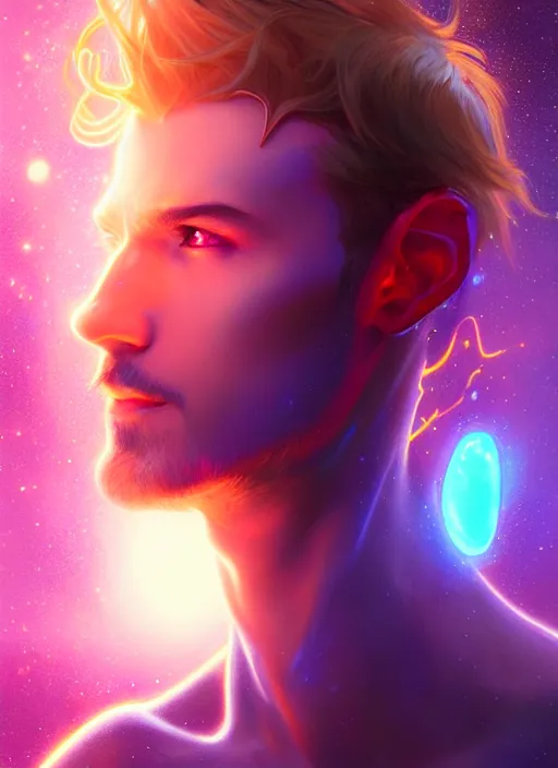 Image similar to a male faceless glowing liquefied stardust adventurer, dnd fantasy character, full body portrait, glowing neon skin, magical aura, ultra realistic, intricate, elegant, highly detailed, digital painting, artstation, smooth, sharp, focus, illustration, art by artgerm and greg rutkowski and alphonse mucha