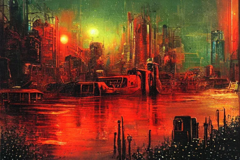 Image similar to river boats speeding between tree houses on flooded streets of new york painting, red and green palette, night lights, starry sky, by ( h. r. giger ) and paul lehr