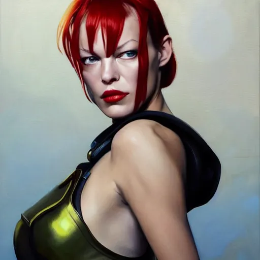 Image similar to greg manchess portrait painting of milla jovovich as leeloo from the 5 th element as overwatch character, medium shot, asymmetrical, profile picture, organic painting, sunny day, matte painting, bold shapes, hard edges, street art, trending on artstation, by huang guangjian, gil elvgren, ruan jia, randy vargas, greg rutkowski