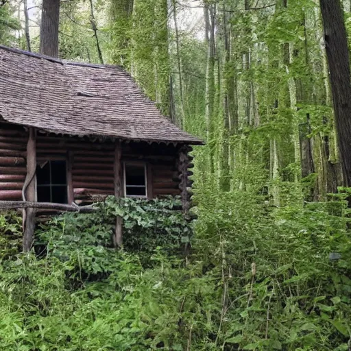 Prompt: a old cabin in the woods with vines all over the sides a witch lives inside it