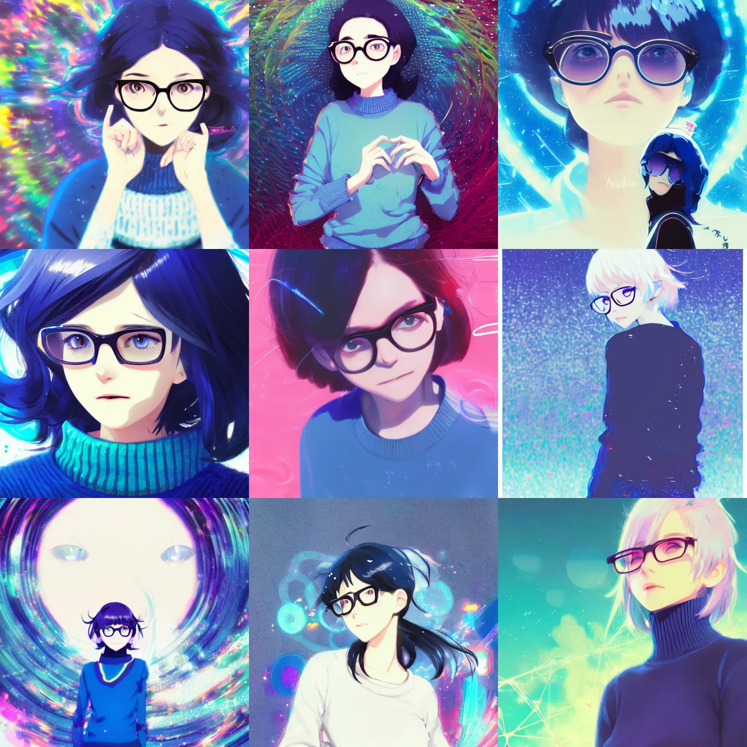 Prompt: cute girl in blue sweater white hair black wayfarer glasses standing psychedelic background by greg rutkowski makoto shinkai kyoto animation key art feminine mid shot