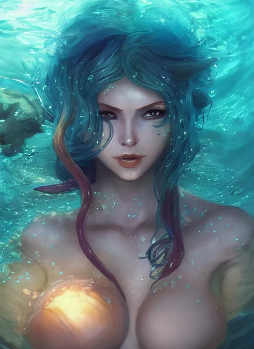 Prompt: nami the siren, from league of legends, au naturel, swimming underwater, green skin, hyper detailed, digital art, trending in artstation, cinematic lighting, studio quality, smooth render, unreal engine 5 rendered, octane rendered, art style by klimt and nixeu and ian sprigger and wlop and krenz cushart
