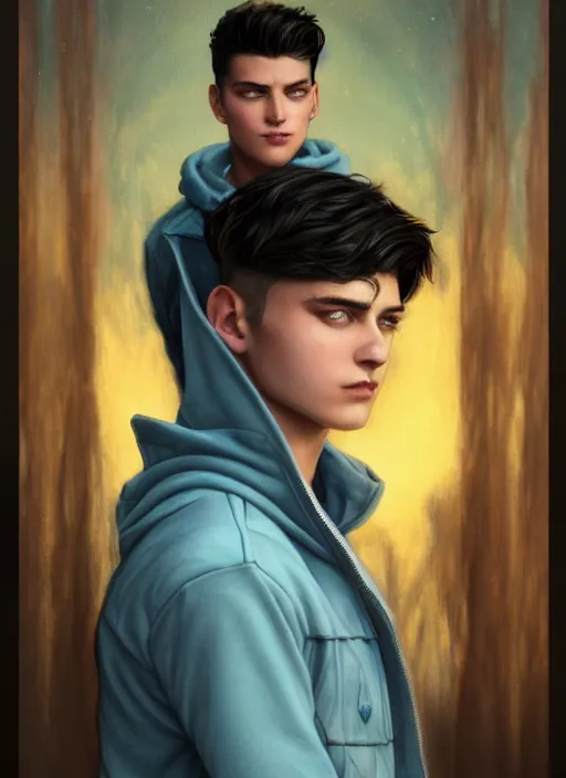 Image similar to handsome young man with short black hair, light blue eyes, detailed neighbourhood background, magical atmosphere, tarot card, glowing, golden hour, wearing jeans and a black hoodie, realistic painting by ross tran and gerald brom and alphonse mucha, trending on artstation