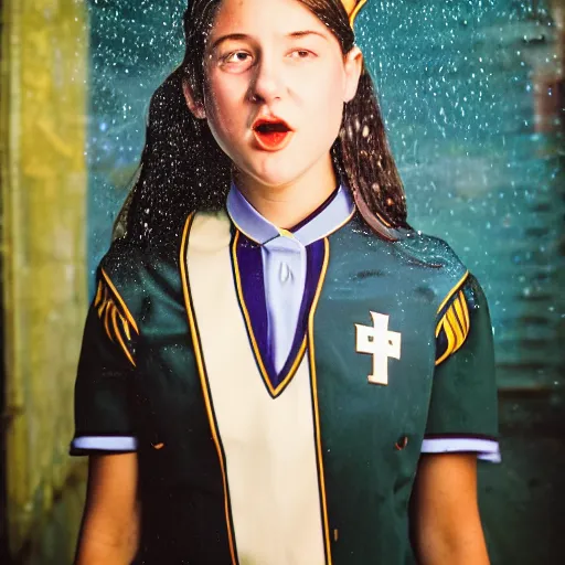 Image similar to night flash portrait photography of a high school girl in catholic uniform on the lower east side by annie leibovitz, colorful, nighttime!, raining!