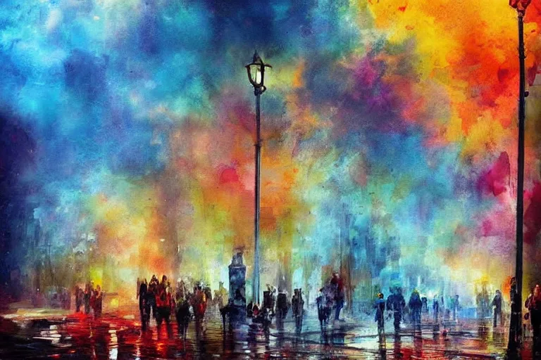 Image similar to amazing landscape painting with moody zealots, crying in the street and unusual colors, random-artist-blend