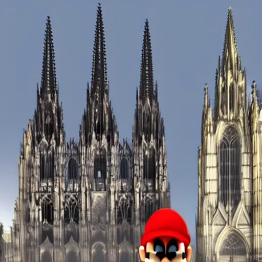 Image similar to super mario walking next to the cathedral of cologne, germany, volumetric lighting, sharp focus, ultra detailed, cgsociety - w 1 0 2 4 - n 8 - i