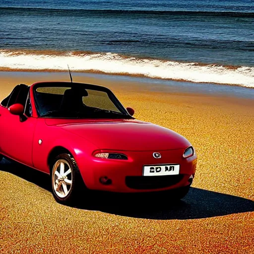 Image similar to a red Mazda MX-5 parked on a beach in the moonlight in the style of a 1980s poster