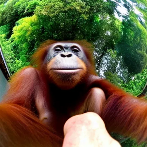 Image similar to baby orangutang, low quality 2 4 0 p fish eye lens selfie