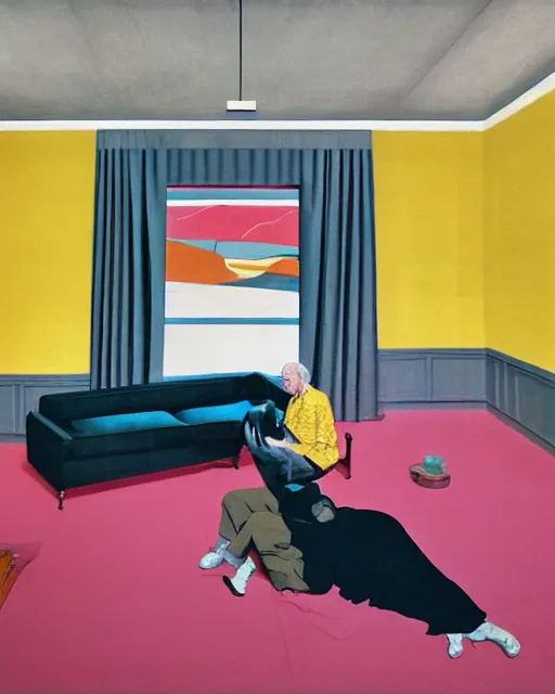 Image similar to old dead couple on couch watching a large obsidian television screen inside a yellow art deco interior room in the style of Francis Bacon and Syd Mead, open ceiling, highly detailed, painted by Francis Bacon and Edward Hopper, painted by James Gilleard, surrealism, airbrush, very coherent, triadic color scheme, art by Takato Yamamoto and James Jean