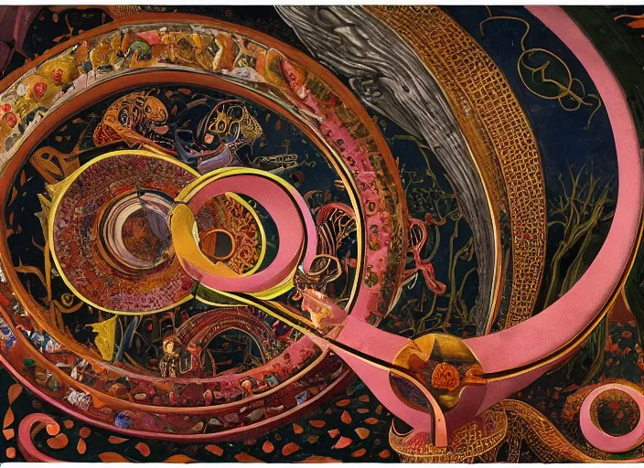 Image similar to the ouroboros of infinite flower universes, by paolo uccello, dichromatism, paradox, volumetric light, insanely detailed and intricate, hypermaximalist, warm colors, dramatic lighting, smooth, sharp focus, extremely detailed, aesthetically pleasing composition