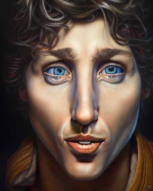 Image similar to detailed portrait of justin trudeau socks pheta by tomasz alen kopera and peter mohrbacher and johanna martine! and margaret keane! coherent luminescent