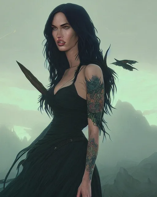 Image similar to highly detailed vfx portrait of megan fox as a witch, stephen bliss, unreal engine, greg rutkowski, loish, rhads, beeple, makoto shinkai and lois van baarle, ilya kuvshinov, rossdraws, tom bagshaw, alphonse mucha, global illumination, detailed and intricate environment