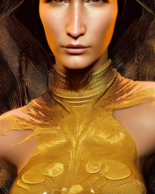 Image similar to a highly detailed metahuman 8 k close up render of bella hadid in gustav klimt style trending on artstation made in unreal engine 4