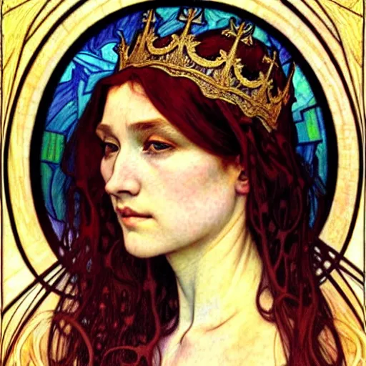 Image similar to detailed realistic beautiful young medieval queen face portrait by jean delville, alphonse mucha, vincent van gogh, and marco mazzoni, art nouveau, symbolist, visionary, gothic, pre - raphaelite