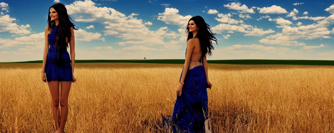 Prompt: film still of victoria justice, kansas landscape and sky, intricate, beautiful, serene, majestic, detailed, ultra, mega, super, visable sounds waves