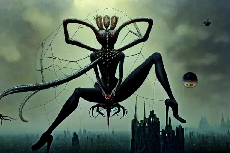 Prompt: realistic detailed photorealistic portrait movie shot of a beautiful black woman riding a giant spider, dystopian city landscape background by denis villeneuve, amano, yves tanguy, alphonse mucha, ernst haeckel, jean delville, david lynch, edward robert hughes, roger dean, cyber necklace, rich moody colours, cyber patterns, wide angle