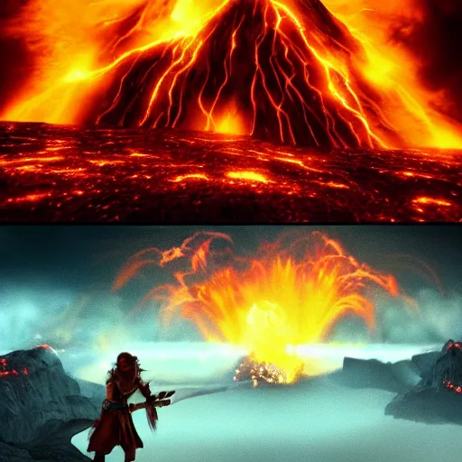 Image similar to epic battle between two wizards, lava in the background, cinematic, establishing shot