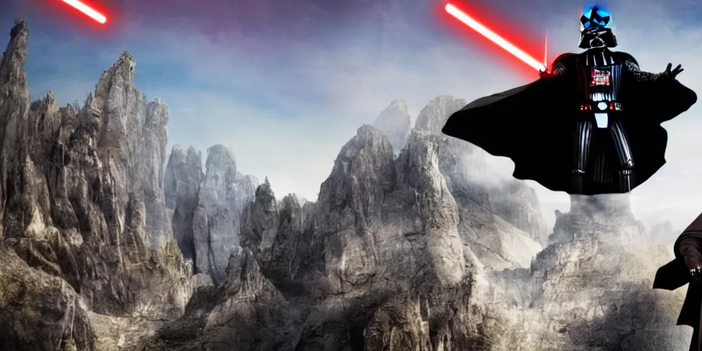 Prompt: Darth Vader playing electric guitar on top of mountain, epic landscape