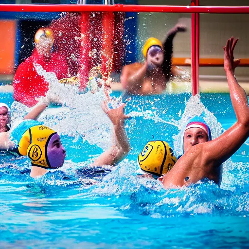 Prompt: hippopotamuses playing water polo against athletes. sports photograph.