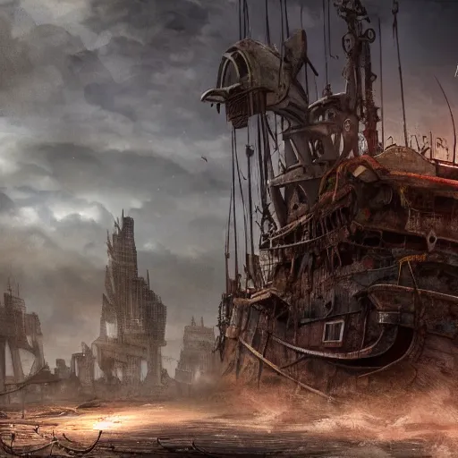 Image similar to apocalyptic, ruined future city. rusted future pirate ship with electronic thunders coming out. volumetric lighting, sharp focus, ultra detailed, cgsociety - w 1 0 2 4 - n 8 - i