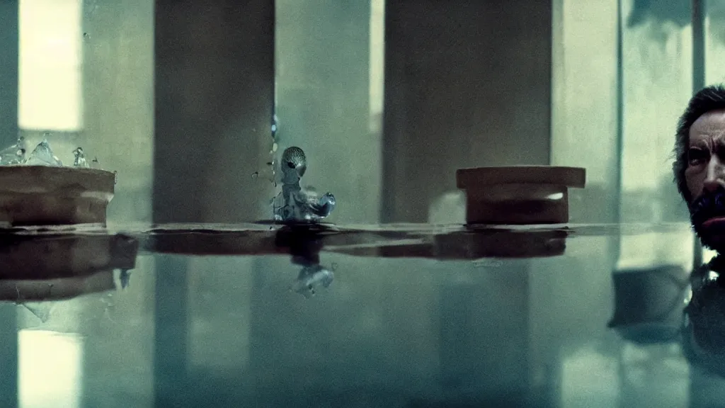 Image similar to the strange creature at the bank that took my money, made of water and oil, film still from the movie directed by Denis Villeneuve with art direction by Salvador Dalí, wide lens