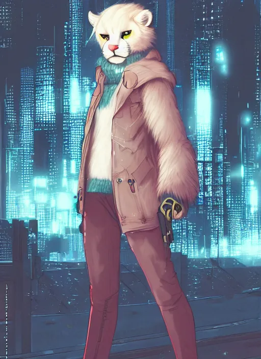 Image similar to character portrait of a male anthro albino mountain lion fursona with a tail and a cute beautiful attractive furry face wearing stylish cyberpunk clothes in a cyberpunk city at night while it rains. hidari, color page, tankoban, 4K, tone mapping, Akihiko Yoshida.