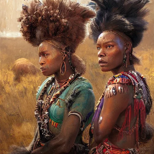 Image similar to three Zulu princesses close to each other, wondering about future of the world, oil painting, by Fernanda Suarez and and Edgar Maxence and greg rutkowski
