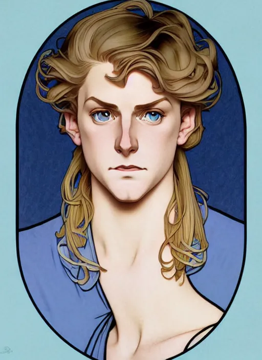 Prompt: art nouveau portrait of a pretty young man with short blond hair, light blue eyes, sad expression, scared, head down, shy and demure, natural lighting, path traced, highly detailed, high quality, cartoon, digital painting, by don bluth and ross tran and studio ghibli and alphonse mucha