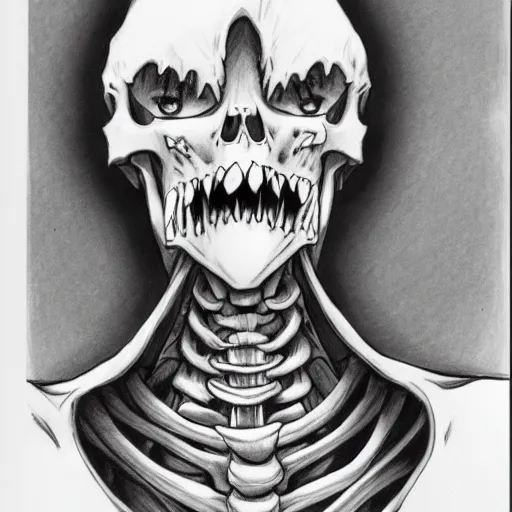 Image similar to A anime still of a grim reaper by Takeshi Obata, skeleton face symmetrical face,pencil art on paper