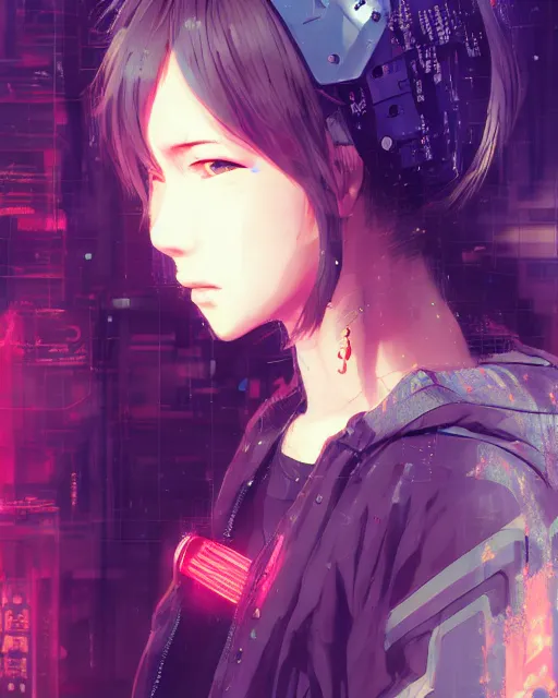 Image similar to kyoto animation, cool girl wearing cyberpunk intricate streetwear, beautiful, detailed portrait, cell shaded, 4 k, concept art, by wlop, ilya kuvshinov, artgerm, krenz cushart, greg rutkowski, pixiv. cinematic dramatic atmosphere, sharp focus, volumetric lighting, cinematic lighting, studio quality