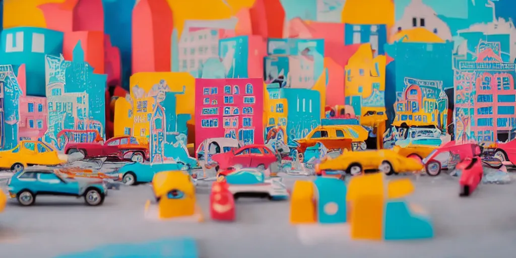 Image similar to paper craft diorama of a colorful city with people and cars