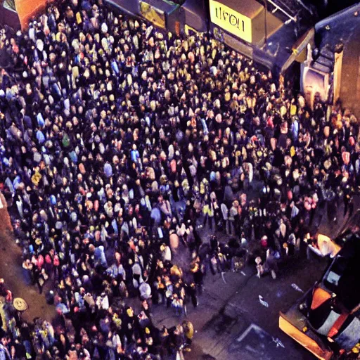 Prompt: a birdseye view of a crowd of people outside of a trendy nightclub in los angeles at night, directed by christopher nolan