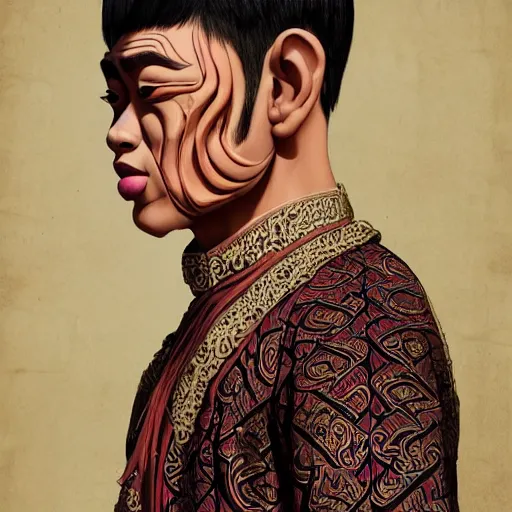 Image similar to javanese man wear traditional dress. matte, facial features, symmetrical anatomy, hyperdetailed, digital art, baroque, pop punk art style, fantasy, full body pictures, without duplication, art by artgerm and ilya kuvshinov and vinicius gud and gustavo zambelli, intricate, octane render.