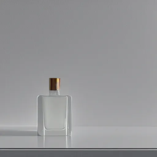 Prompt: perfume bottle on window sill in a pastel clean modern minimalist room by peter tarka in an ivory room well contoured smooth fair walls, up close shot, sharp focus, zen, clean, modern minimalist, octane highly render, 4 k, ultra hd,