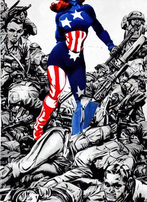 Image similar to beautiful female captain america standing on a pile of defeated, beaten and broken german soldiers. feminist captain america wins wwii. american wwii propaganda poster by james gurney and ralph bakshi. gorgeous face. overwatch.