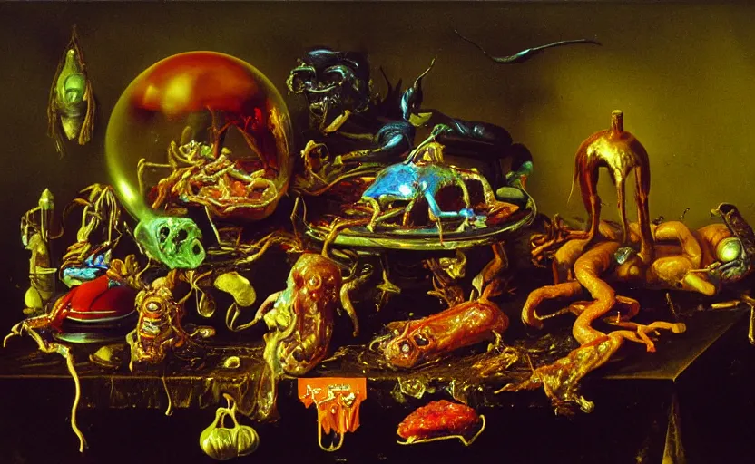 Image similar to strange full body, disturbing colorful oil painting dutch golden age vanitas still life sparse composition with bizarre objects strange gooey transparent surfaces shiny metal reflections bizarre mutant meat insects rachel ruysch dali todd schorr very detailed perfect composition rule of thirds masterpiece canon 5 0 mm, cinematic lighting, photography, retro, film, kodachrome