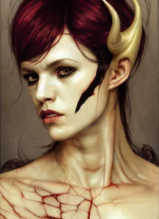 Image similar to half demon half human intricate skin latex, elegant, peaceful, full body, horns, hyper realistic, extremely detailed, dnd character art portrait, fantasy art, intricate fantasy painting, dramatic lighting, vivid colors, deviant art, artstation, by edgar maxence and caravaggio and michael whelan and delacroix.