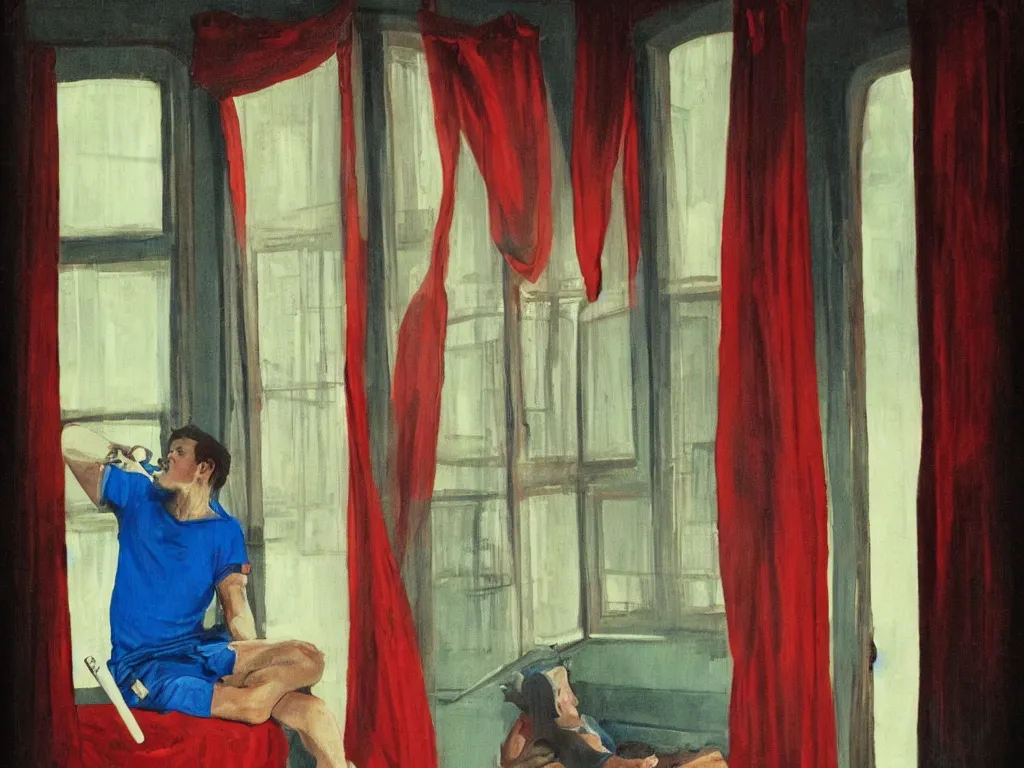 Image similar to single man sitting by the window, smoking a cigarette, blue shorts, red adidas shirt, bedroom, small fan, night, dimly lit, art nouveau style